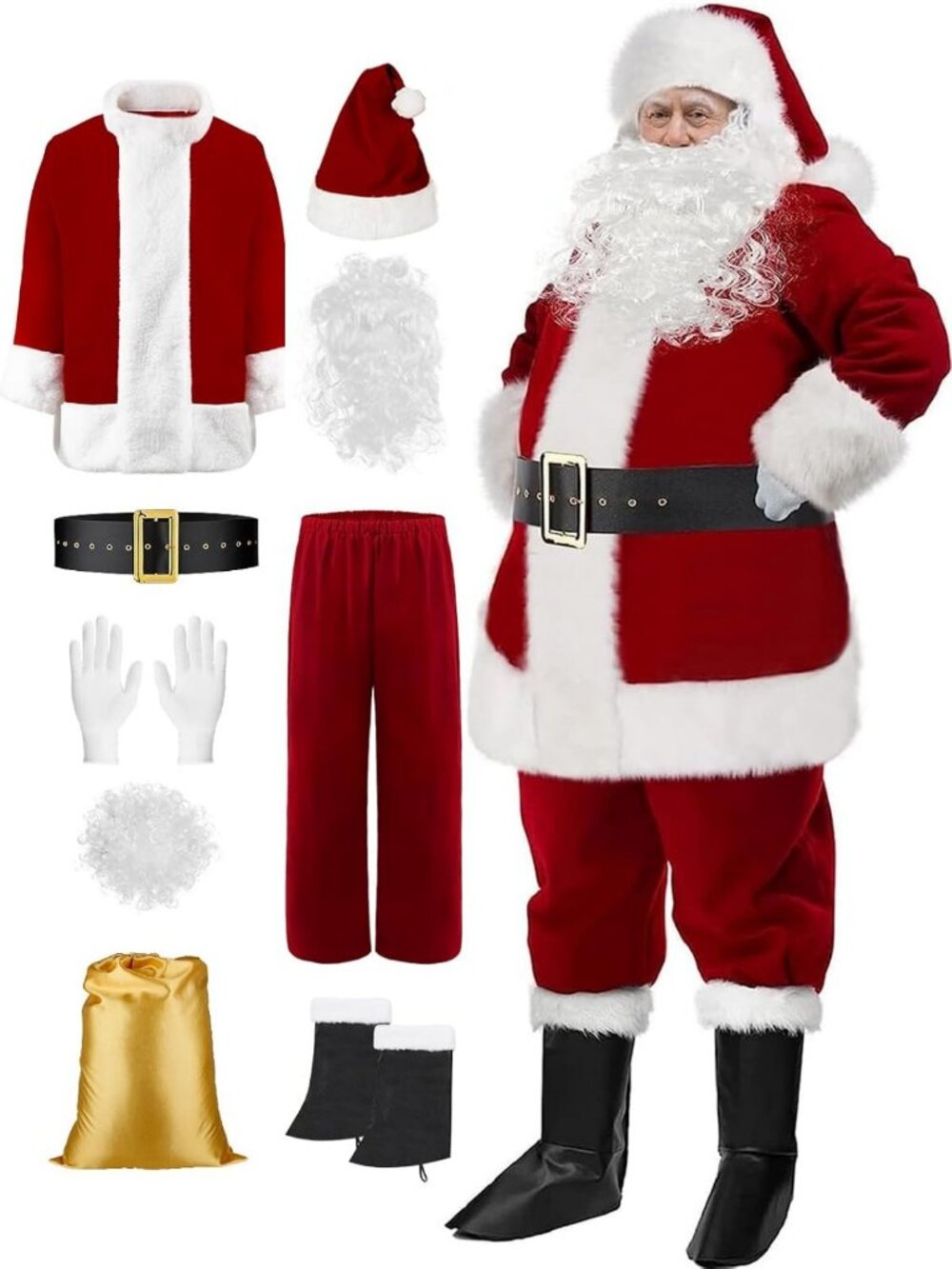 Men's Santa Claus Costume Set - 9pcs Christmas Suit with Beard, Big & Tall